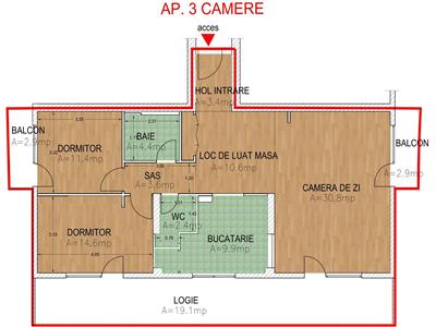 Apartament 92 mp utili etajul 1 cu 3 camere 3 balcoane 25 mp Rahovei 
