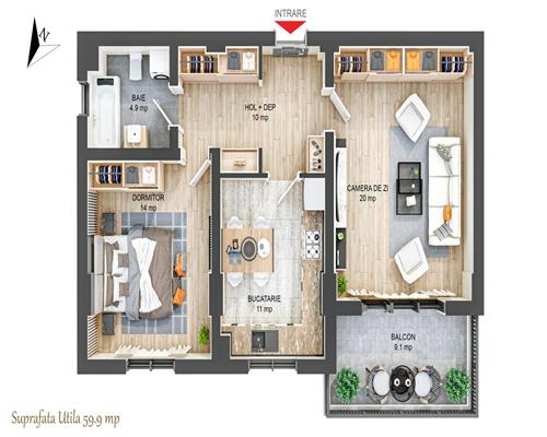 Apartament 60 mpu cu 2 camere balcon 9 mp zona Rahovei